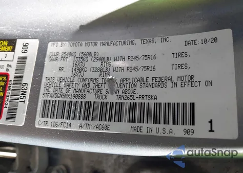 2021 Toyota Tacoma Sr5 z USA, uszkodzony, nr VIN 5TFAX5GN5MX190888